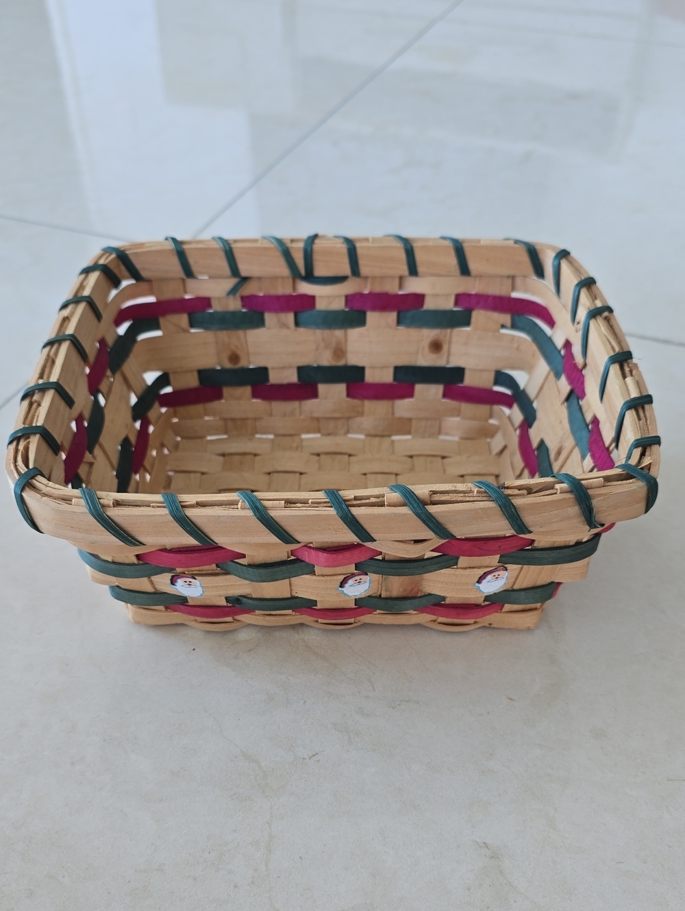 Festive Woven Holiday Basket in Natural with Green and Red Accents & Santa Faces
